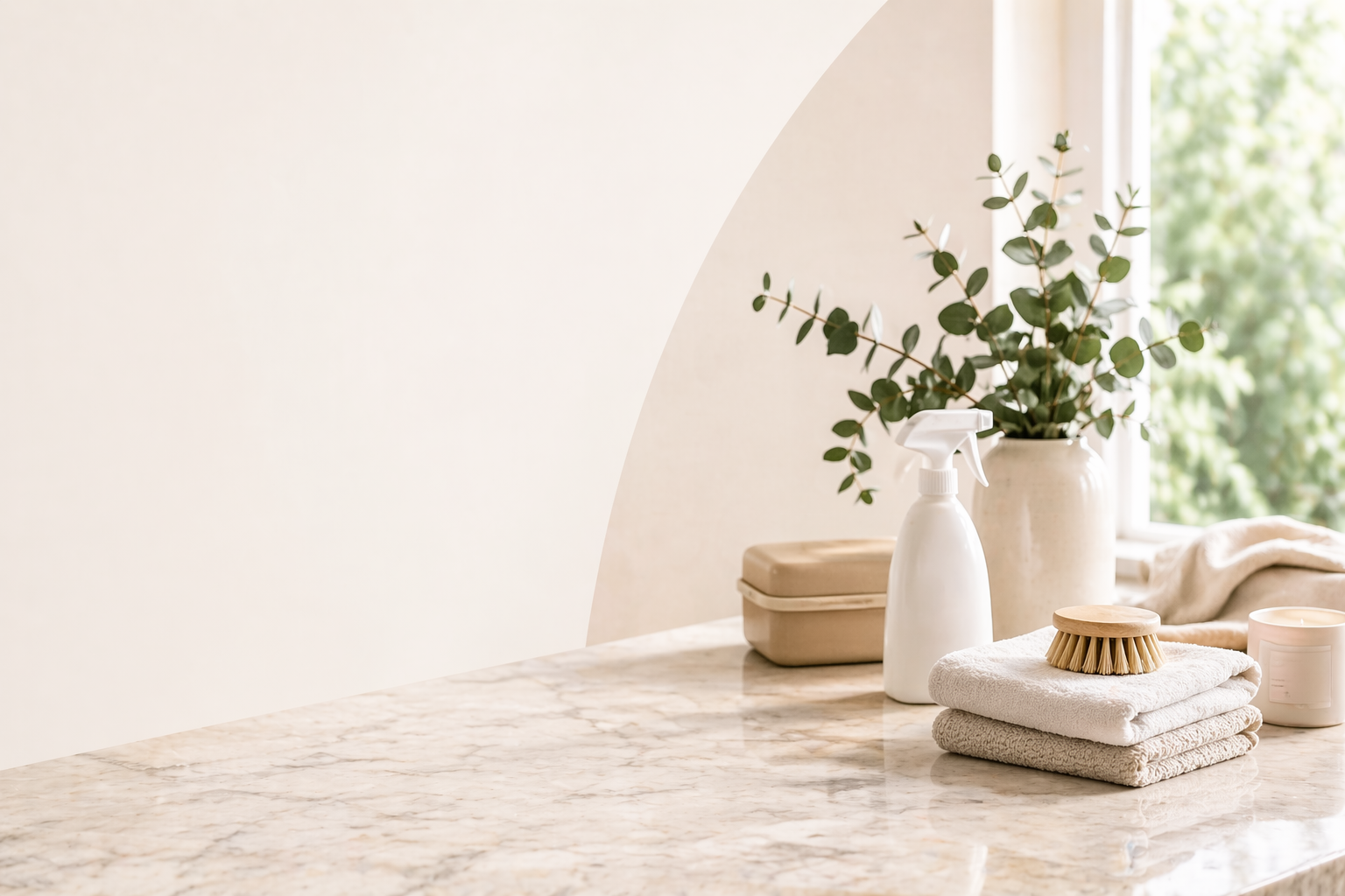 Cleaning supplies on a tidy kitchen counter